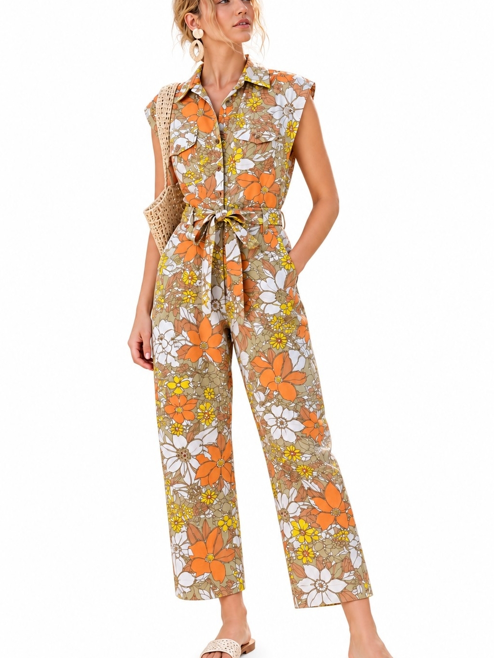 Current Air Floral Linen Blend Utility Jumpsuit Size L Boho Wide Leg